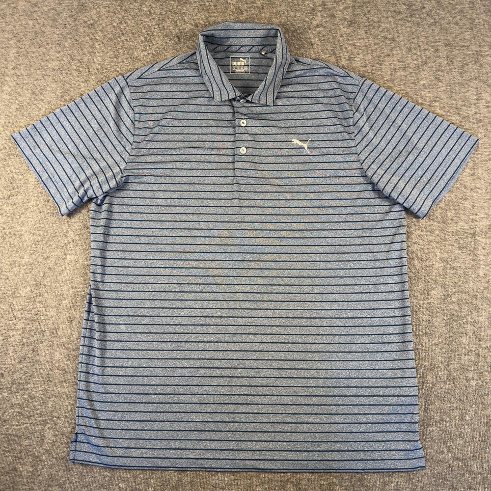 Puma Polo Shirt Mens XL Blue Stripe Golf Performance Lightweight Jersey Knit